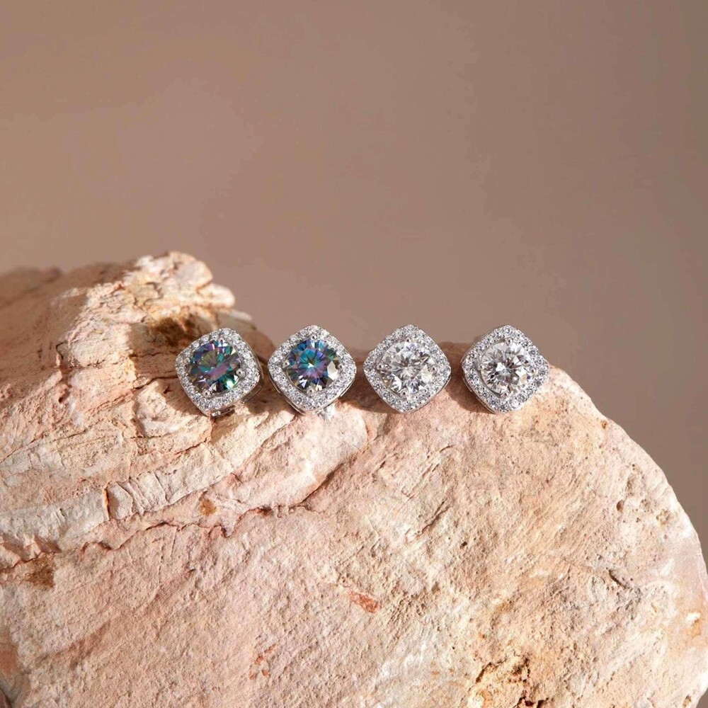 Moissanite Halo Stud Earrings, Sterling Silver - Picture 2 of 5